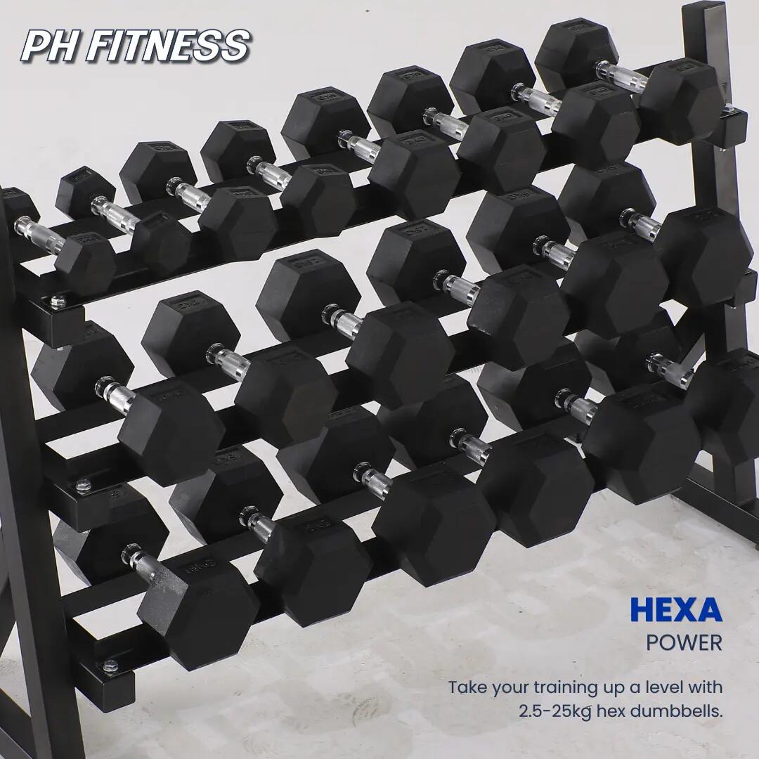 Set de 10 paires d’haltères hexagonaux 2,5–25 kg avec rack à 3 niveaux 4/6