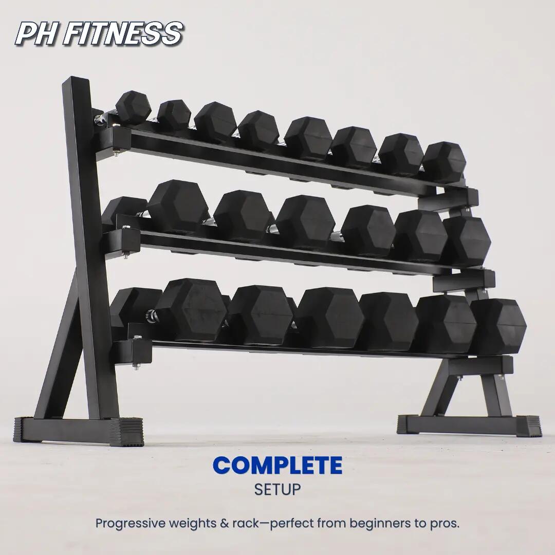 Set de 10 paires d’haltères hexagonaux 2,5–25 kg avec rack à 3 niveaux 3/6