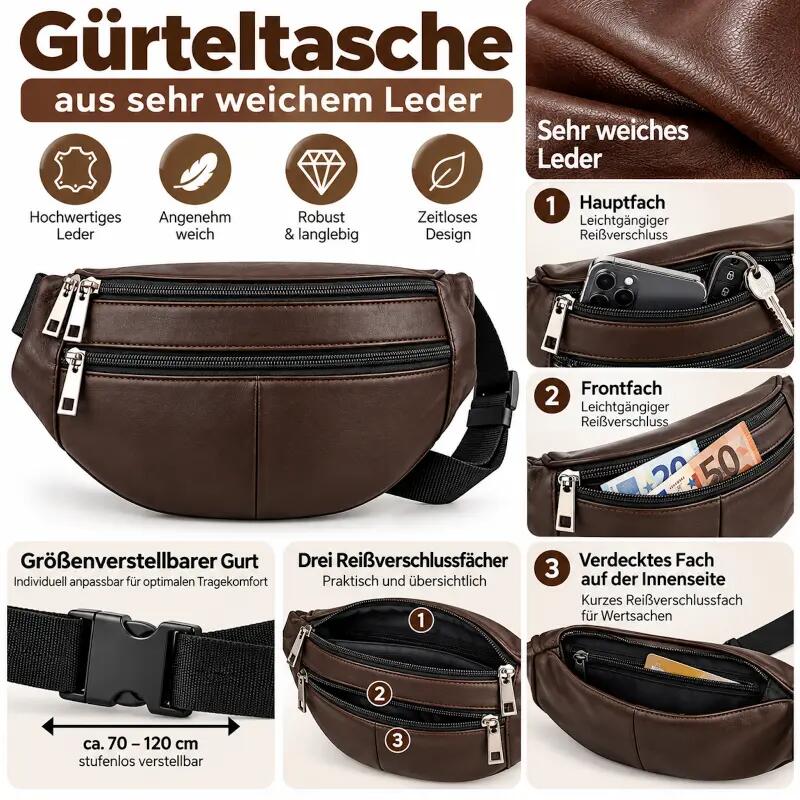 Gürteltasche Braun Leder 3 Fächer mit Reißverschluss Sling Bag 4/6