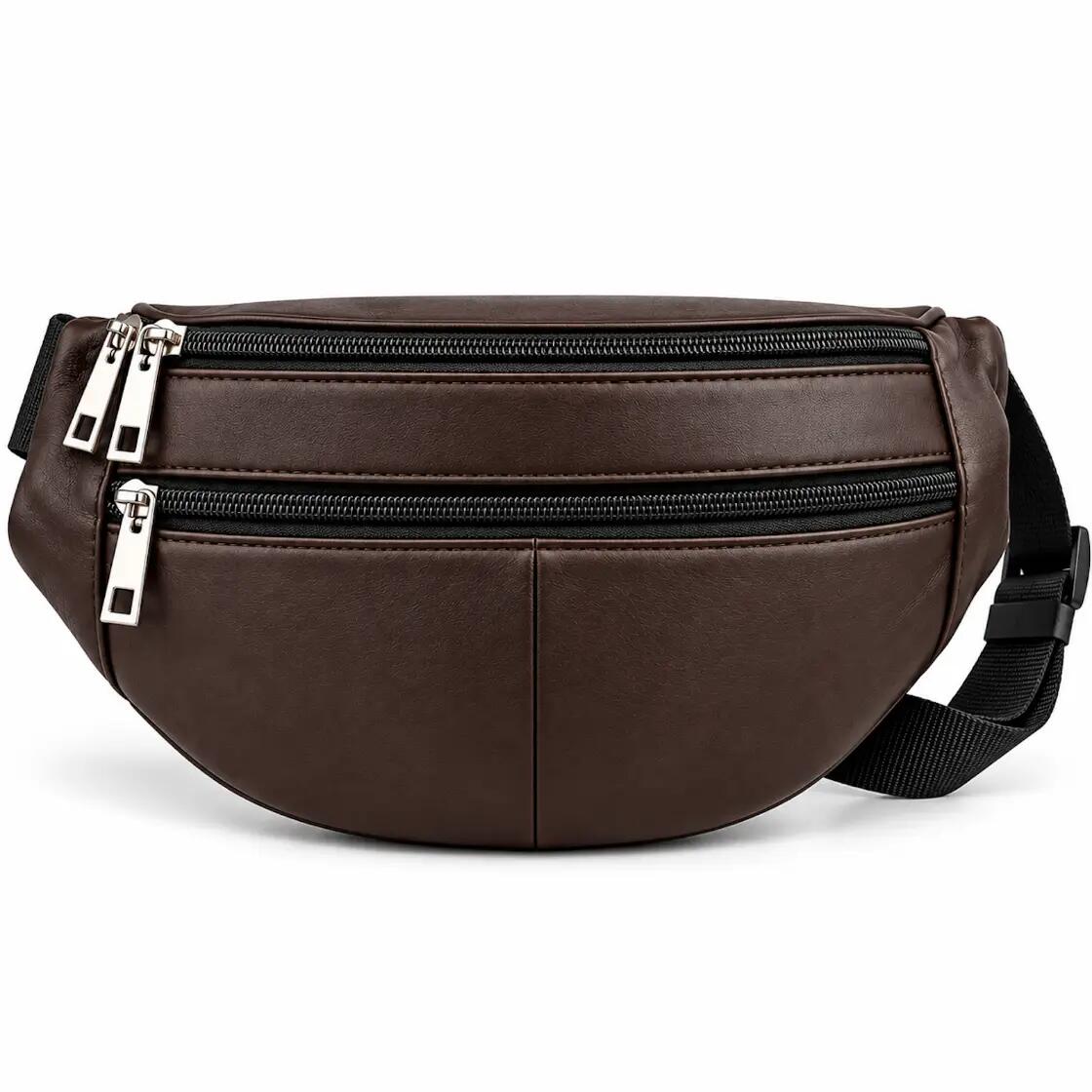 Gürteltasche Braun Leder 3 Fächer mit Reißverschluss Sling Bag 3/6