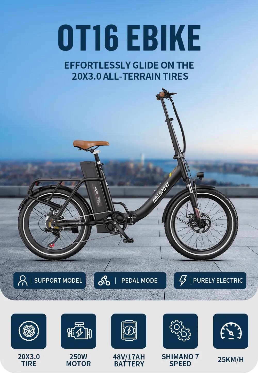 Vouwbare Stads E-Bike OT16-2,48V 17Ah Accu,20" Band,APP 6/11