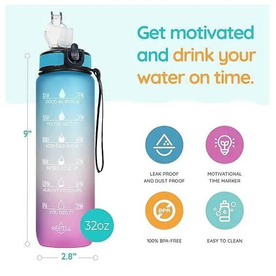 Gourde motivante, 1 L, étanche, sans BPA. Gourde de 1 L avec indicateur de temps 4/6