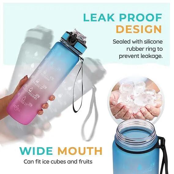 Gourde motivante, 1 L, étanche, sans BPA. Gourde de 1 L avec indicateur de temps 3/6