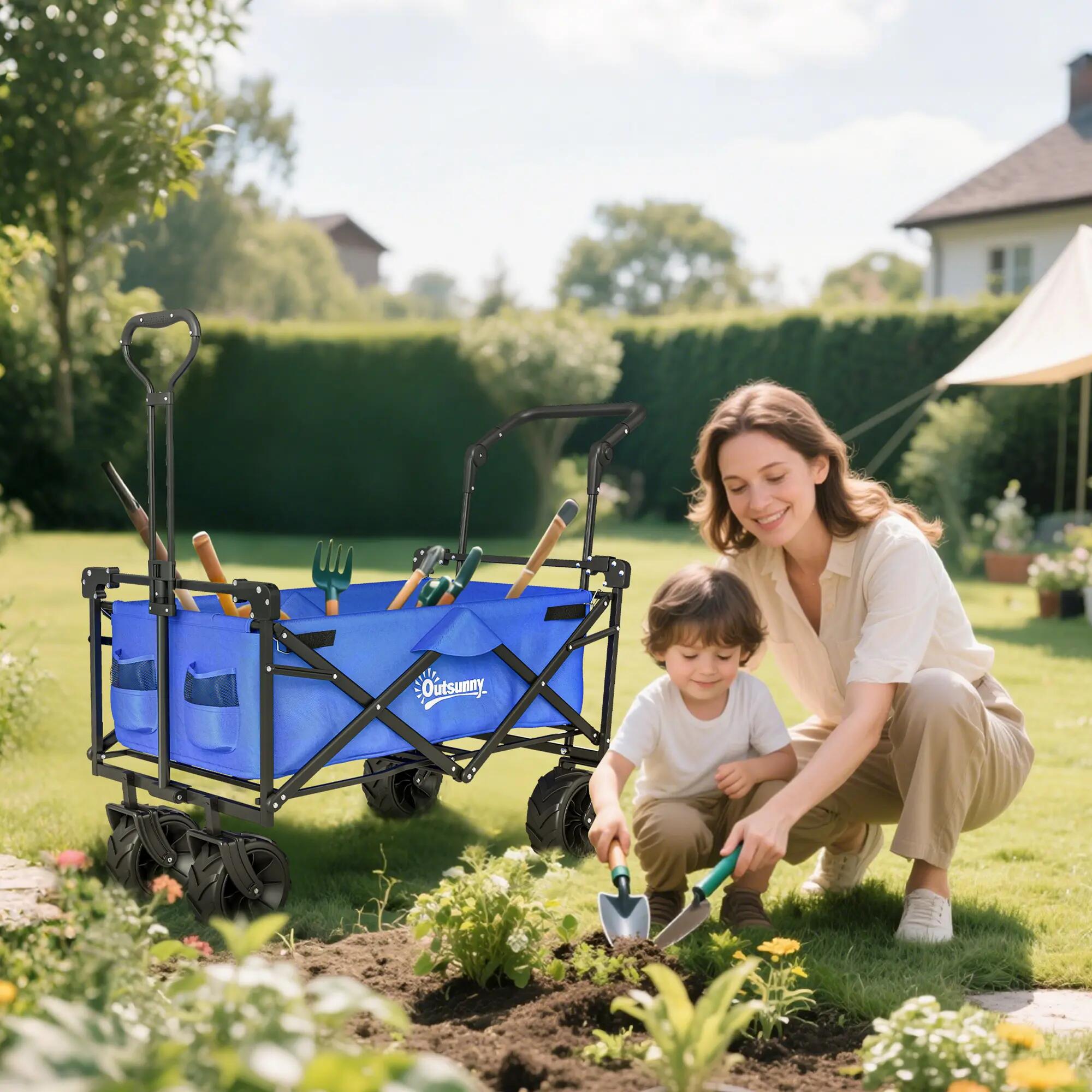 Chariot pliable tout-terrain avec toit poignée panier acier Oxford bleu 4/6