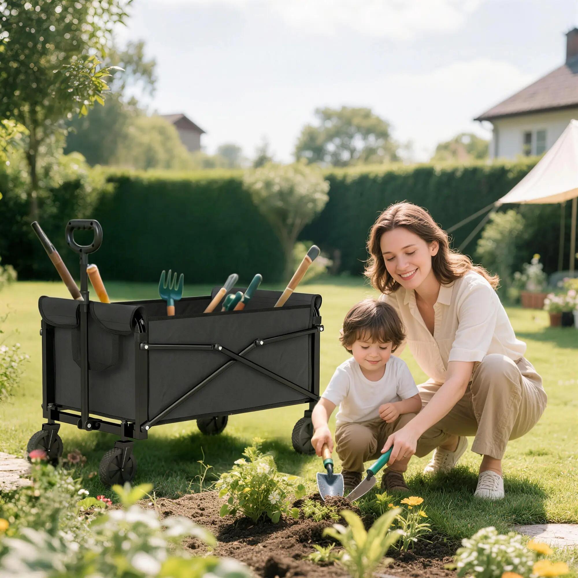 Chariot jardin 80L compact pliable roues poignée réglable noir 4/6