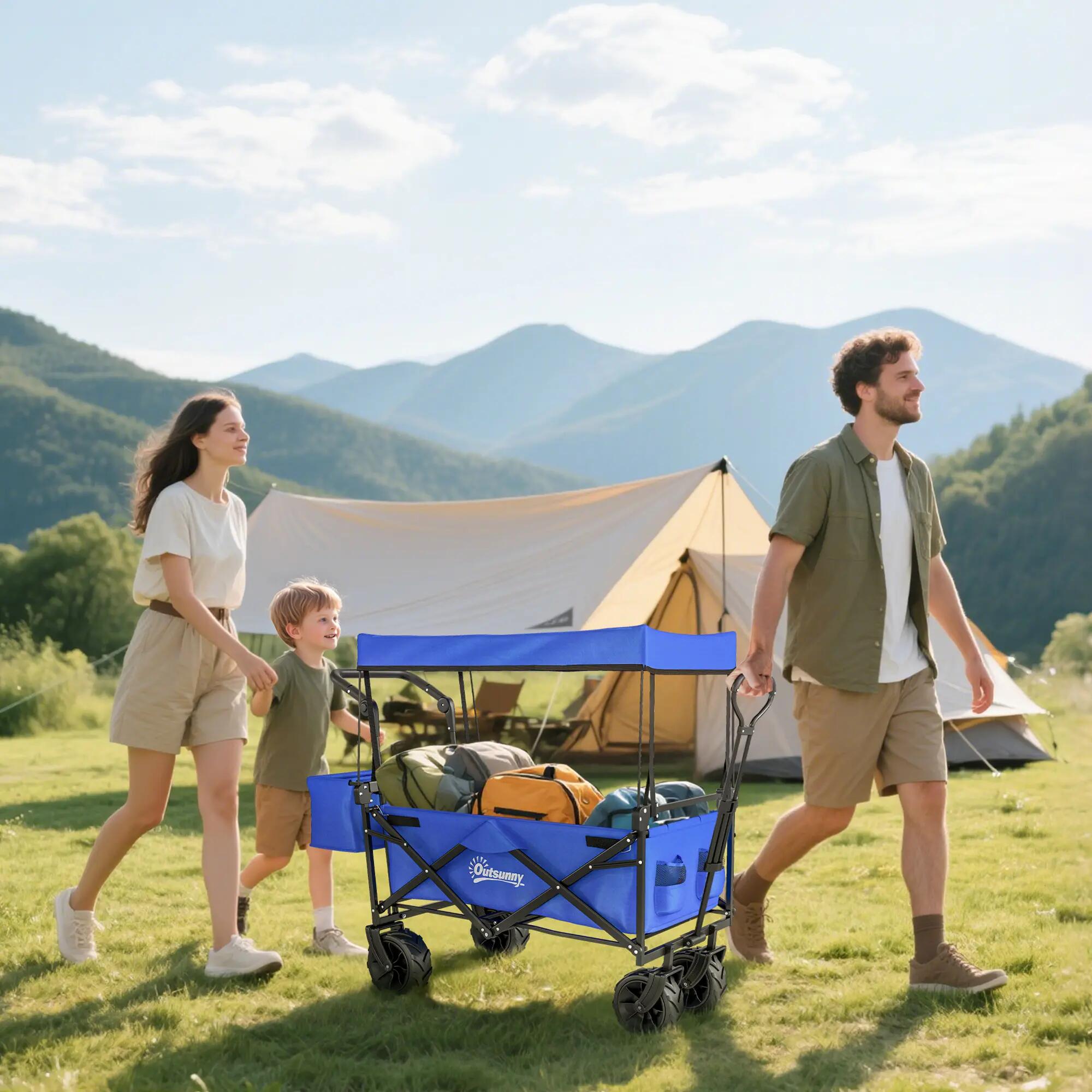 Chariot pliable tout-terrain avec toit poignée panier acier Oxford bleu 3/6
