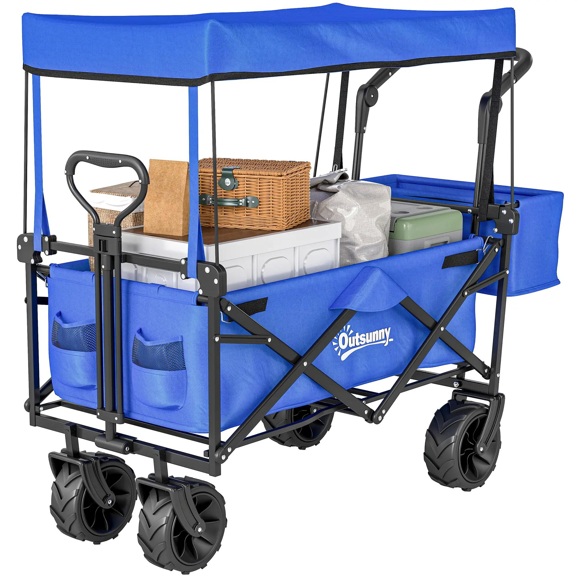 Chariot pliable tout-terrain avec toit poignée panier acier Oxford bleu 2/6