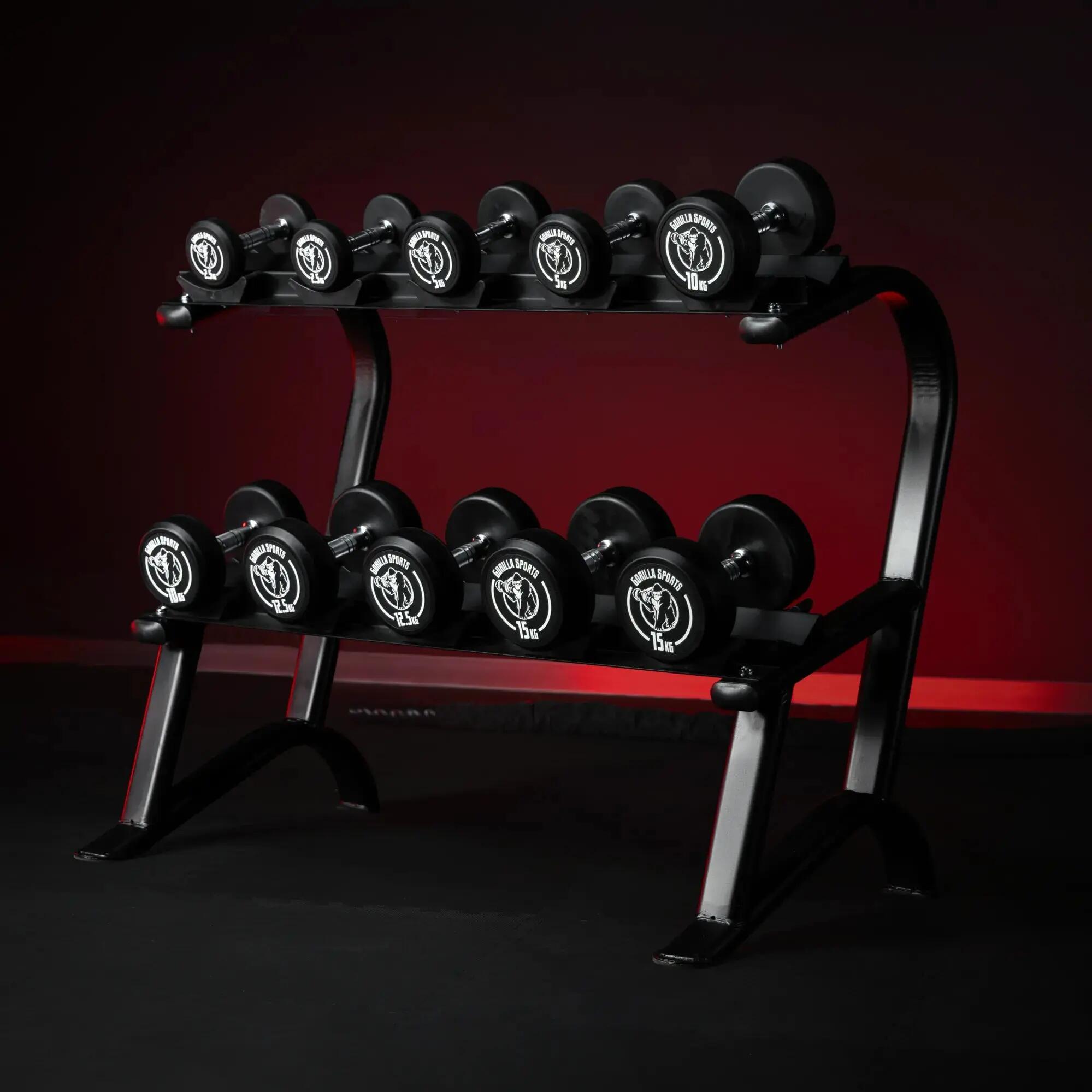 RACK PRO + 5 PAIRES D'HALTÈRES RONDS DE 2,5KG À 15KG 12/14