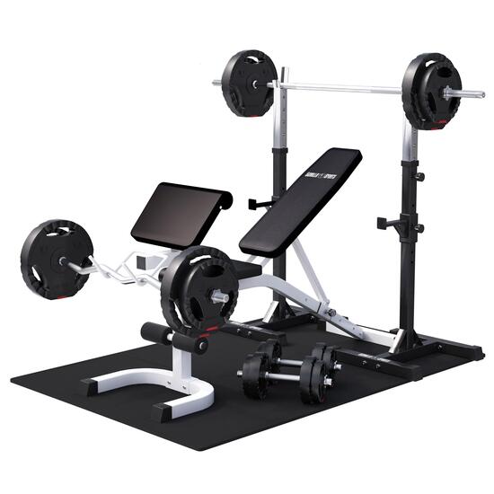 SET D'ENTRAINEMENT COMPLET 48 ÉLÉMENTS AVEC BANC, BARRES, REPOSE HALTERES, POIDS