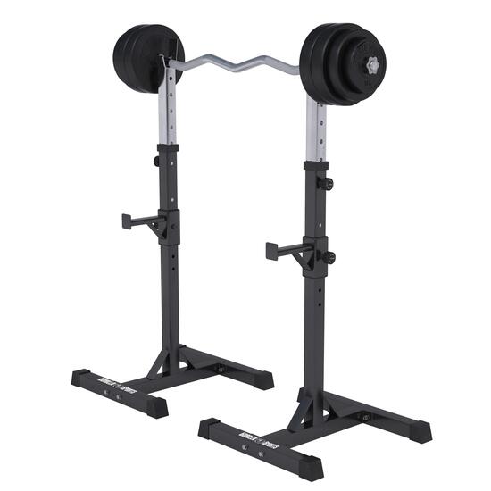 REPOSE HALTERES POUR HALTERES LONGS + SET D'HALTERES POIDS PLASTIQUE + BARRE CUR