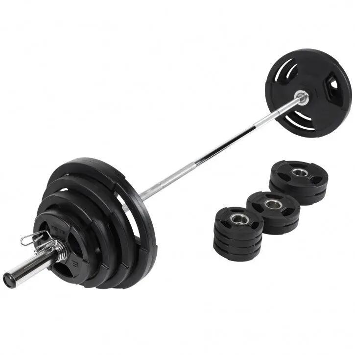 Haltères olympiques Gorilla Sports - barre 218 cm, disques caoutchouc 1/8