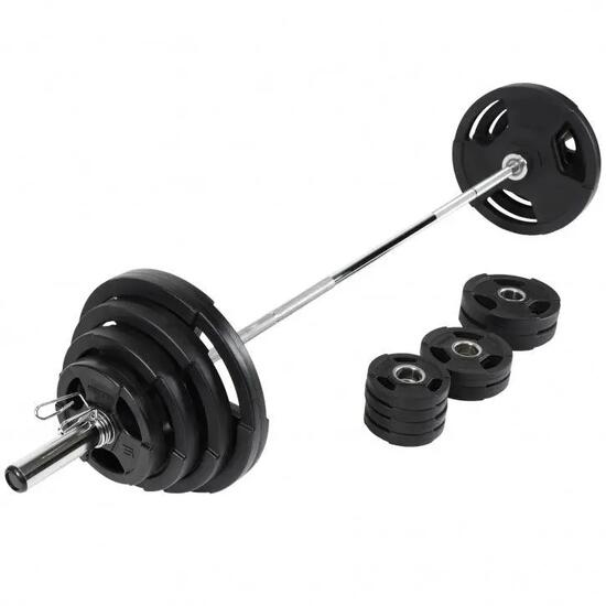 Haltères olympiques Gorilla Sports - barre 218 cm, disques caoutchouc
