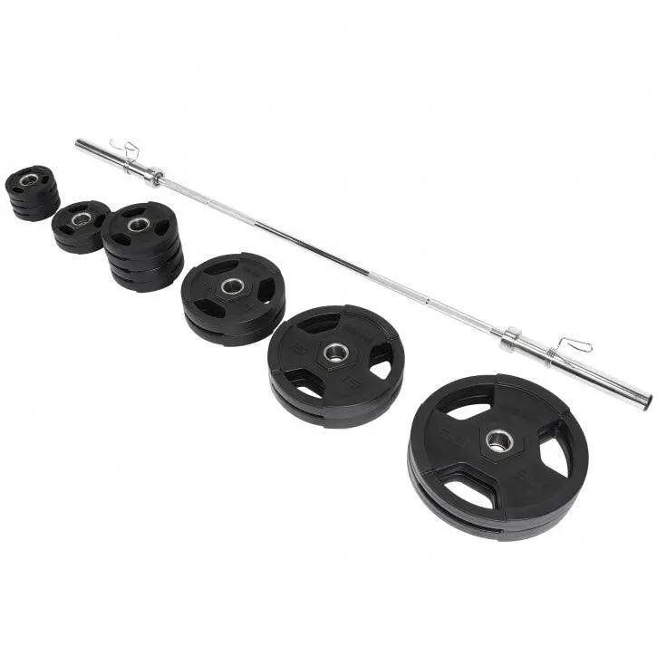 Haltères olympiques Gorilla Sports - barre 218 cm, disques caoutchouc 3/8