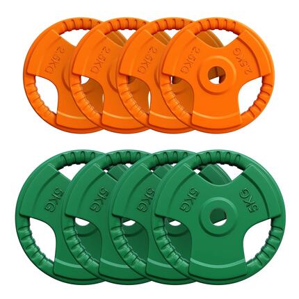 Disques caoutchouc GORILLA SPORTS avec poignées, 30 KG