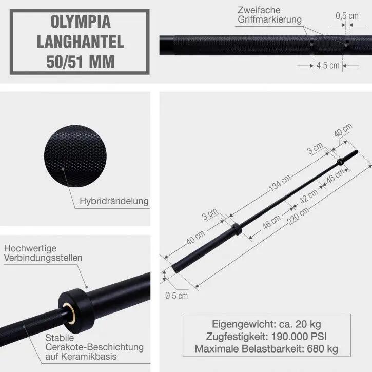 Set d'haltère long premium de 140 KG - Barre longue de 220 cm avec revêtement ce 5/7