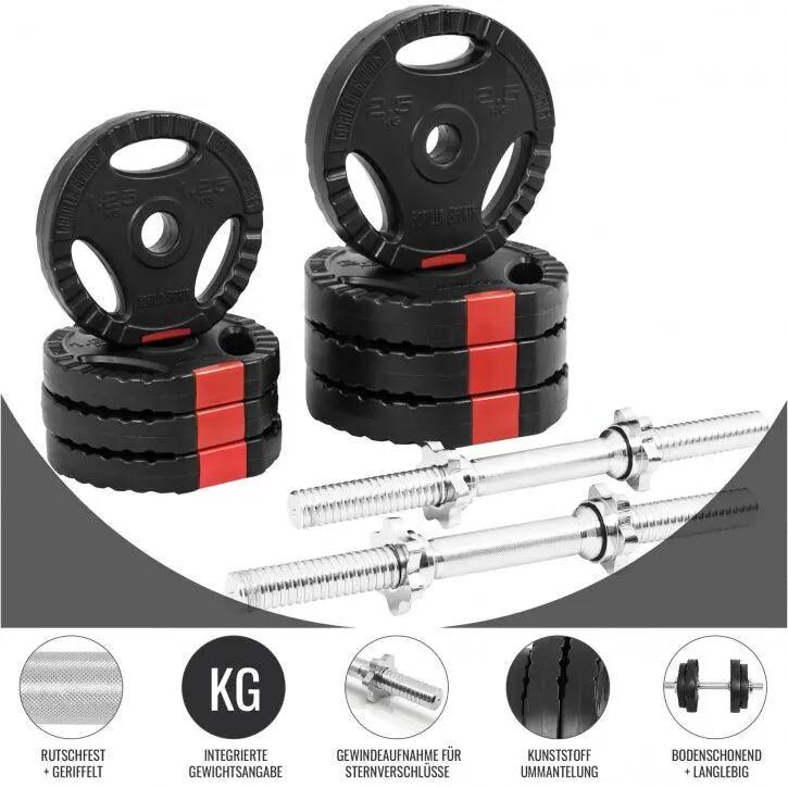Haltères GORILLA SPORTS 20 kg plastique, barres 35 cm moletées 8/9