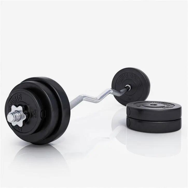 KIT HALTÈRE 35KG AVEC BARRE CURL + DISQUES PLASTIQUE | MUSCULATION | 30MM/31MM 3/6
