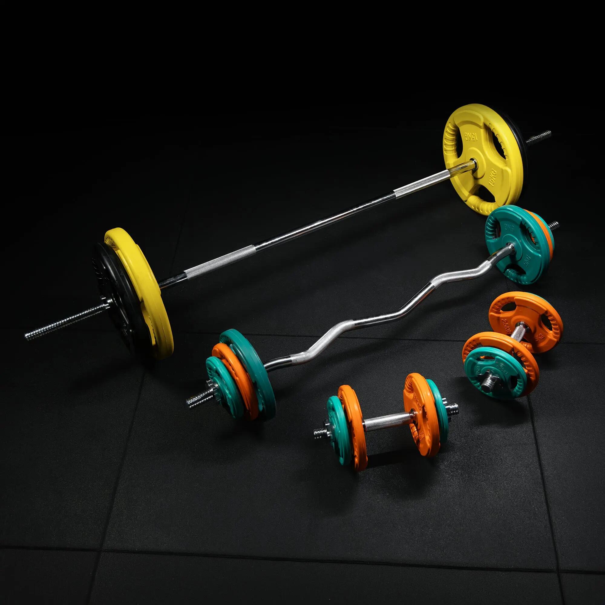 KIT 105,5KG AVEC POIDS EN CAOUTCHOUC GRIP ET BARRE CURL | DIAMETRE 30/31MM | MUS 9/14