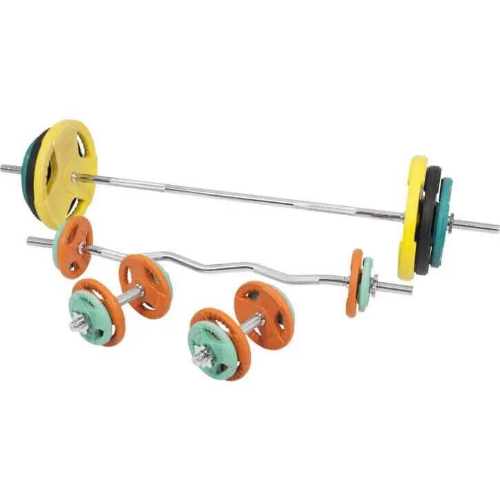 KIT 105,5KG AVEC POIDS EN CAOUTCHOUC GRIP ET BARRE CURL | DIAMETRE 30/31MM | MUS 5/14