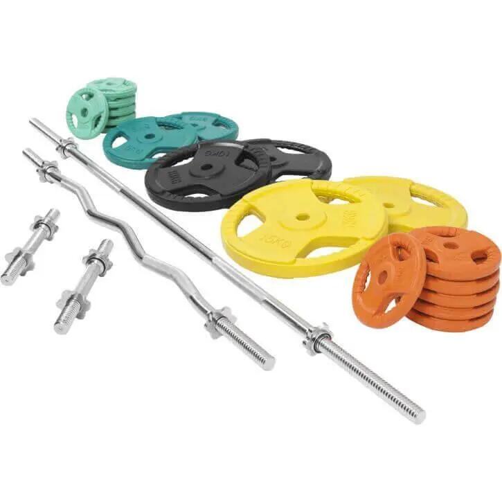 KIT 105,5KG AVEC POIDS EN CAOUTCHOUC GRIP ET BARRE CURL | DIAMETRE 30/31MM | MUS 4/14