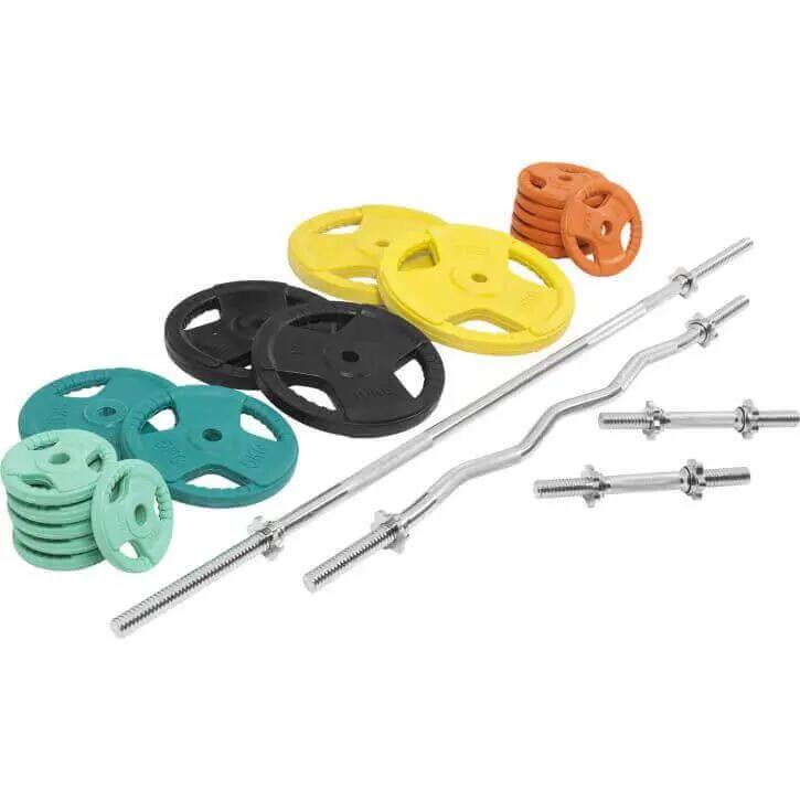 KIT 105,5KG AVEC POIDS EN CAOUTCHOUC GRIP ET BARRE CURL | DIAMETRE 30/31MM | MUS 3/14