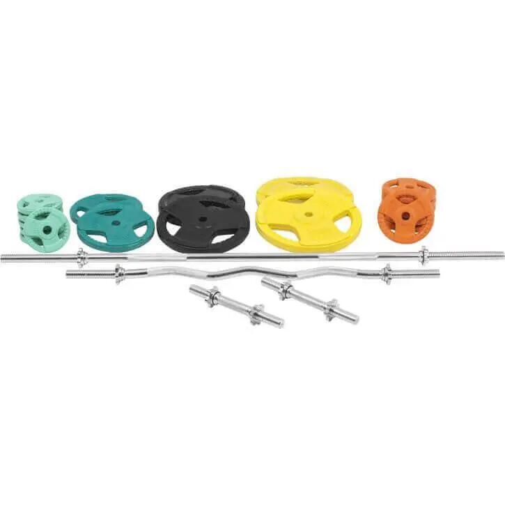 KIT 105,5KG AVEC POIDS EN CAOUTCHOUC GRIP ET BARRE CURL | DIAMETRE 30/31MM | MUS 2/14