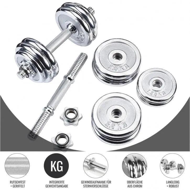 KIT HALTÈRES COURT DE 30 KG AVEC DISQUES CHROMÉS | MUSCULATION | 30MM/31MM 3/15