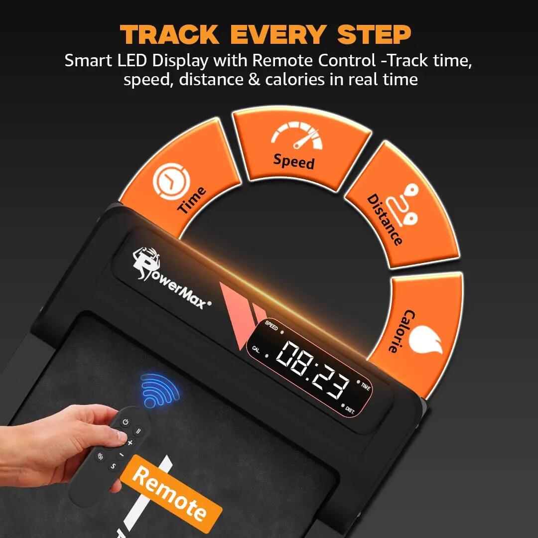 PowerMax Fitness WALKPAD-1 3HP Motorised Manual Incline Treadmill for Home & Office Use with Remote Control, Walking Pad for 900×400 MM Running Surface, 110KG Max User Weight, LED Display -  4