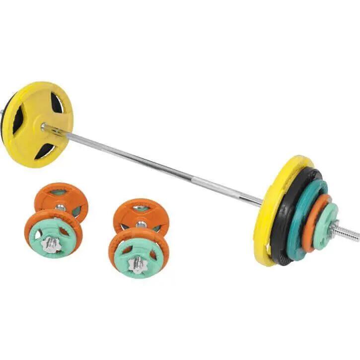 KIT 97,5KG AVEC POIDS EN CAOUTCHOUC GRIP ET BARRE CURL | DIAMETRE 30/31MM | MUSC 1/7