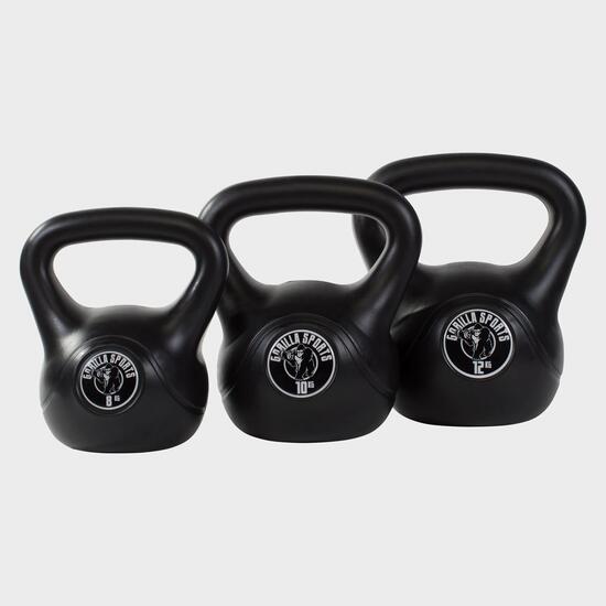 LOT DE 3 KETTLEBELLS NOIRS EN PLASTIQUE | MUSCULATION | 8KG, 10KG ET 12KG