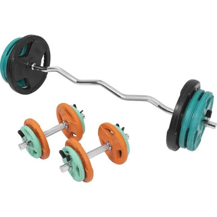 KIT 68KG AVEC POIDS EN CAOUTCHOUC GRIP ET BARRE CURL | DIAMETRE 30/31MM | MUSCUL 7/7