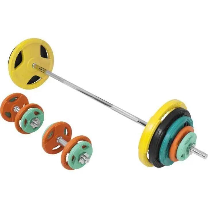 KIT 97,5KG AVEC POIDS EN CAOUTCHOUC GRIP ET BARRE CURL | DIAMETRE 30/31MM | MUSC 6/7