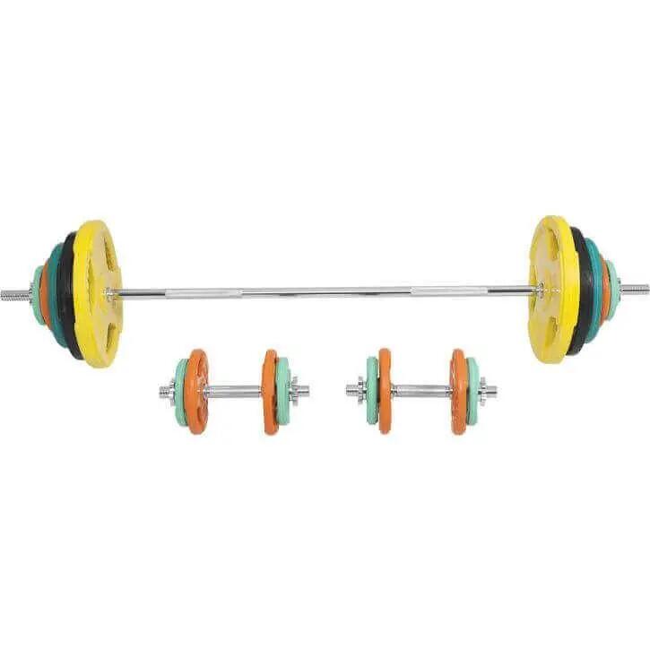 KIT 97,5KG AVEC POIDS EN CAOUTCHOUC GRIP ET BARRE CURL | DIAMETRE 30/31MM | MUSC 5/7