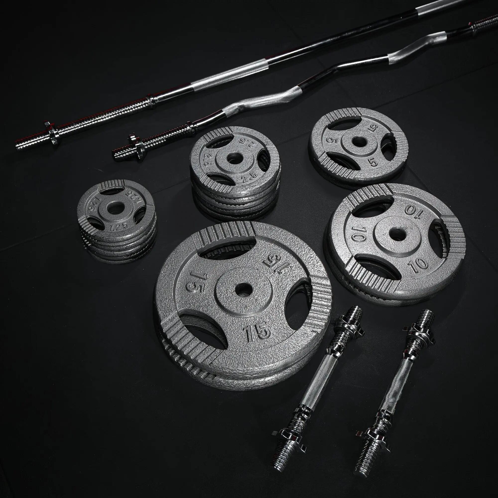 KIT D'HALTERES POIDS EN GRIP EN FONTE, BARRE LONGUE, BARRE CURL ET 2 BARRES COUR 8/14
