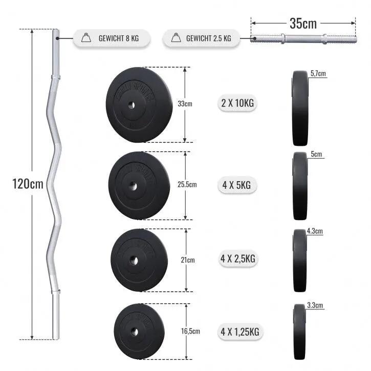 EZ-Curlset 70 kg - Kunststof - Halters met gewichten -Veersluiting 30 mm 5/7