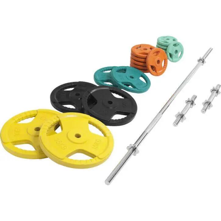 KIT 97,5KG AVEC POIDS EN CAOUTCHOUC GRIP ET BARRE CURL | DIAMETRE 30/31MM | MUSC 4/7