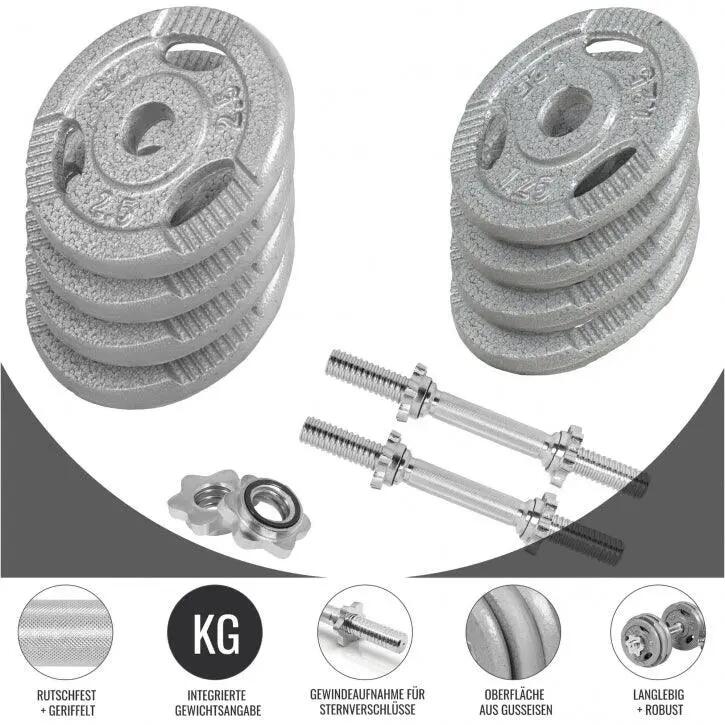 Haltères Gorilla Sports gris fonte, barres moletées 7/15