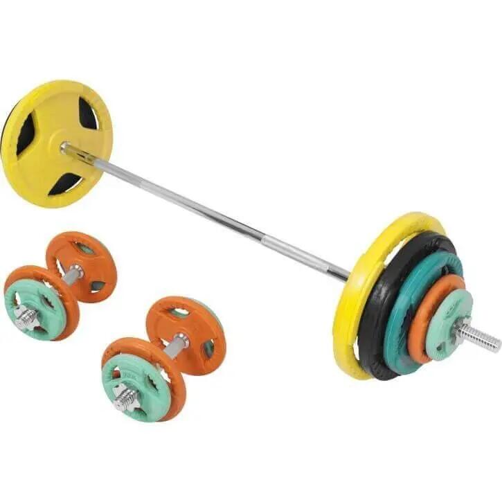 KIT 97,5KG AVEC POIDS EN CAOUTCHOUC GRIP ET BARRE CURL | DIAMETRE 30/31MM | MUSC 2/7