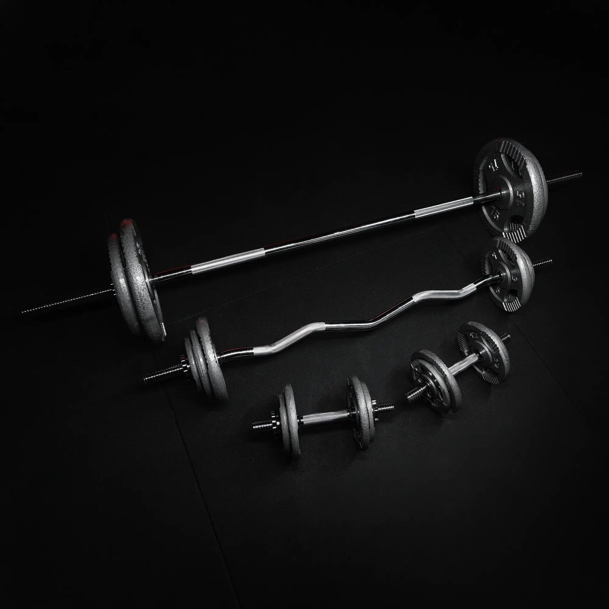 KIT D'HALTERES POIDS EN GRIP EN FONTE, BARRE LONGUE, BARRE CURL ET 2 BARRES COUR 7/14