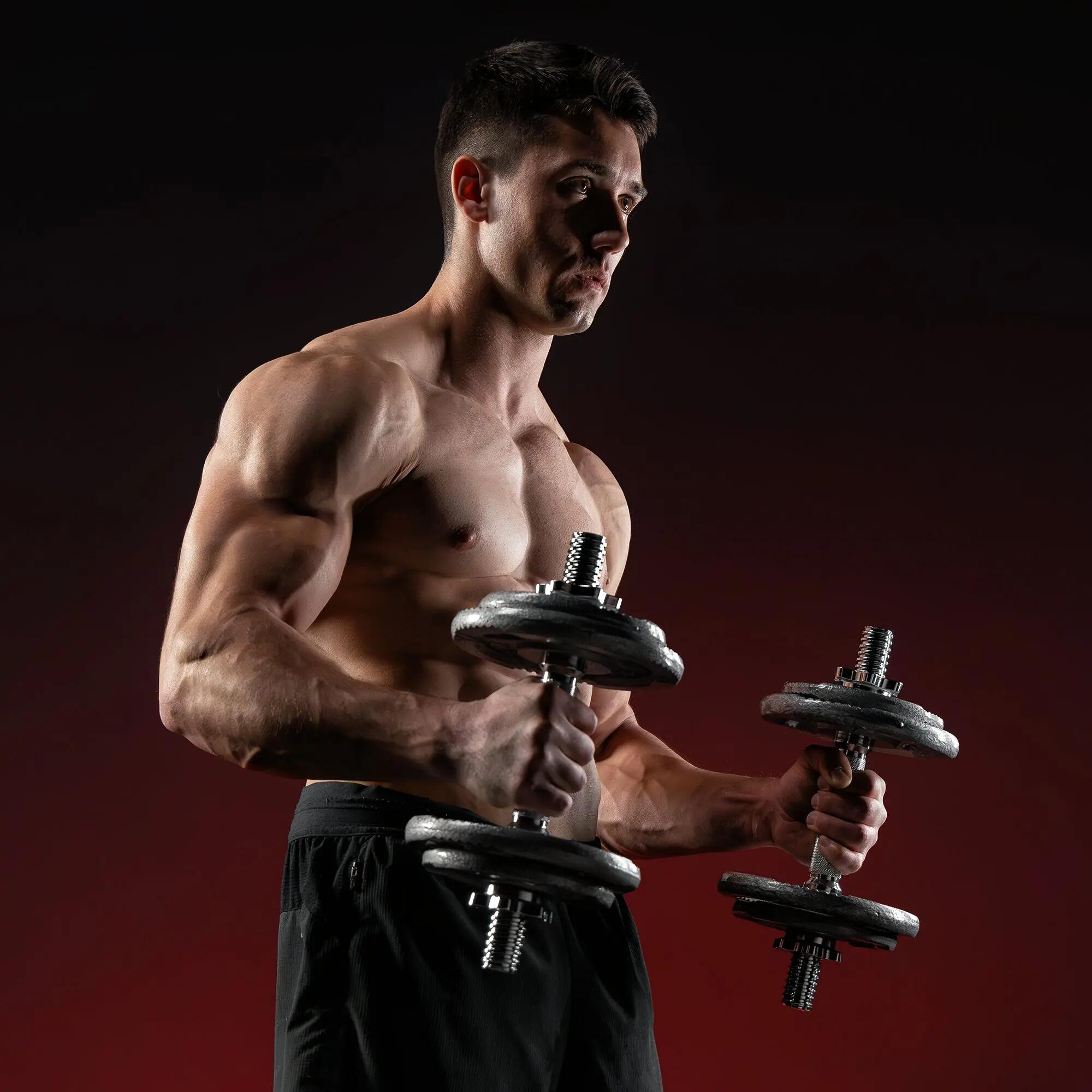 KIT D'HALTERES POIDS EN GRIP EN FONTE, BARRE LONGUE, BARRE CURL ET 2 BARRES COUR 12/14