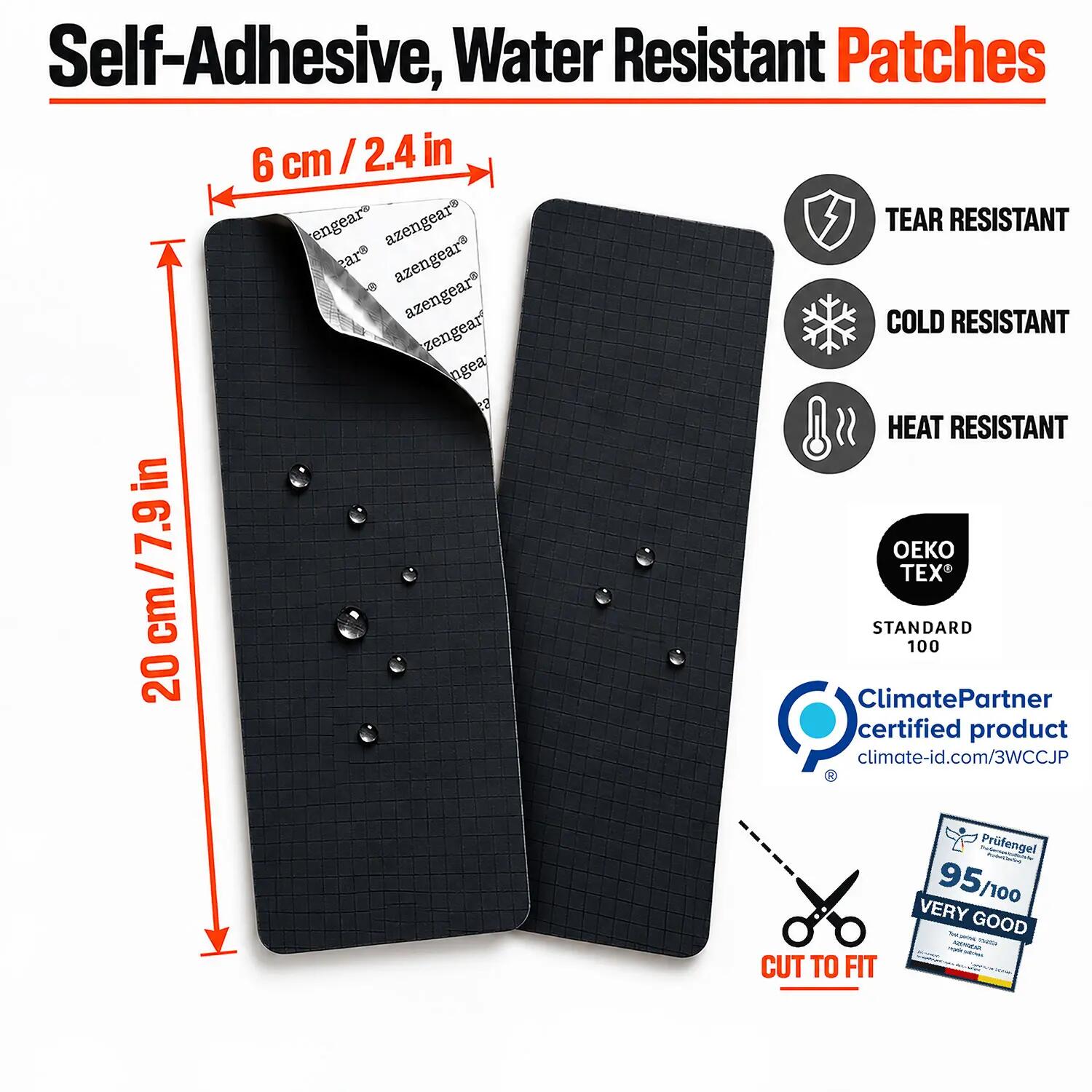 Patchs autocollants aZengear 6×20 cm noir lot de 2, ripstop polyester 2/14