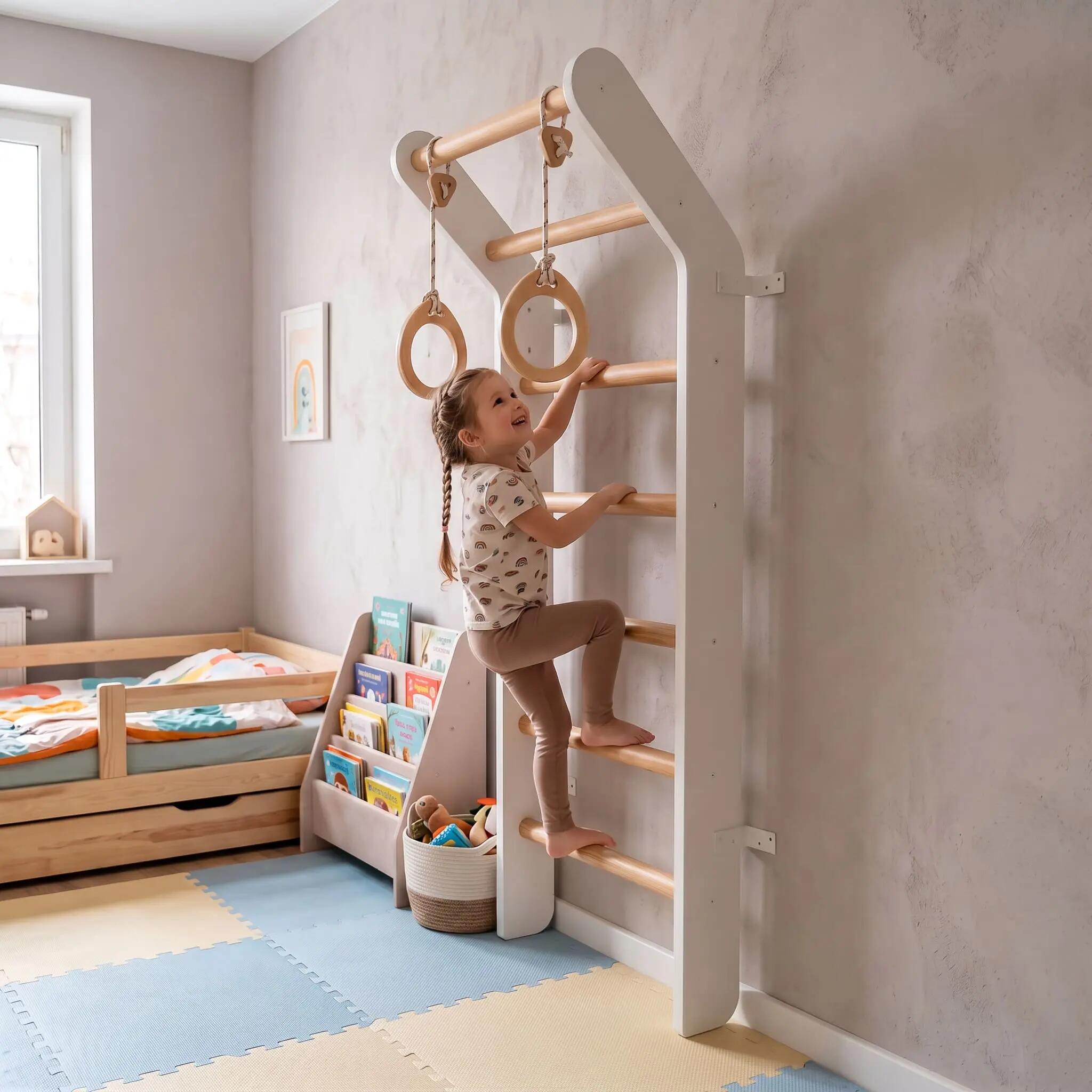 Drabinka gimnastyczna dla dzieci biała ścienna koła Toddler 3/7