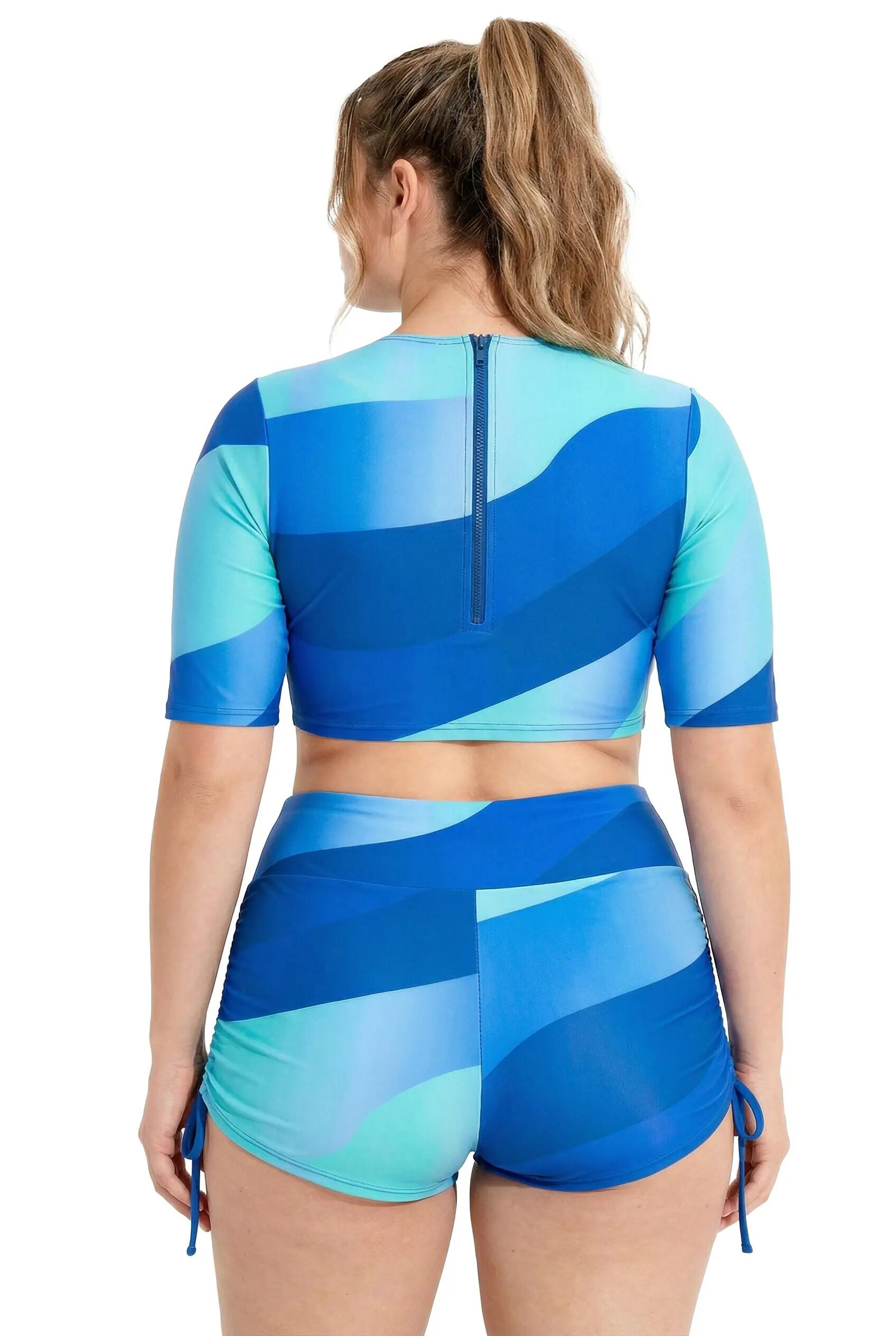 Femme Bikini avec bonnets souples manches courtes laçage et motif vagues 3/13
