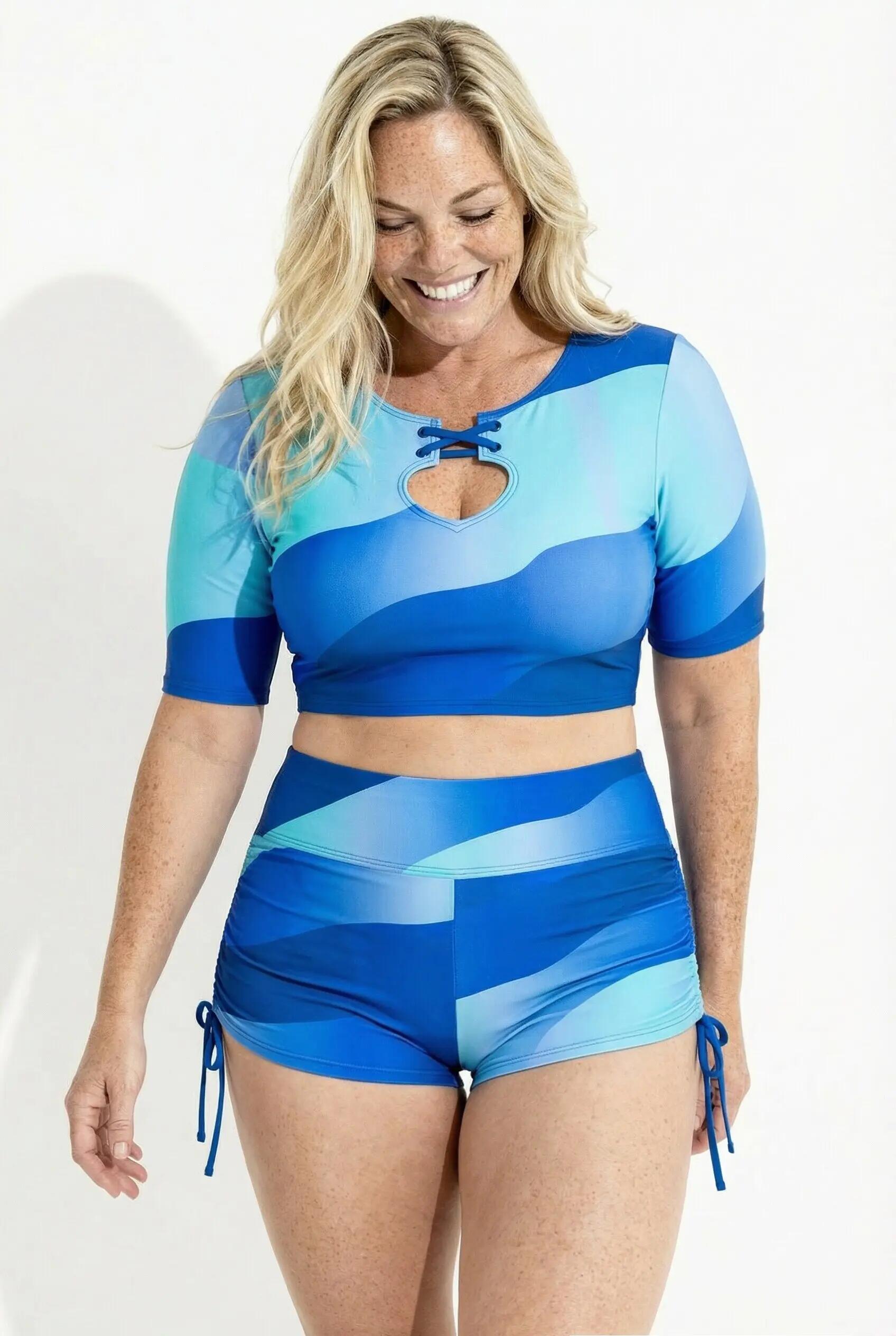 Femme Bikini avec bonnets souples manches courtes laçage et motif vagues 12/13