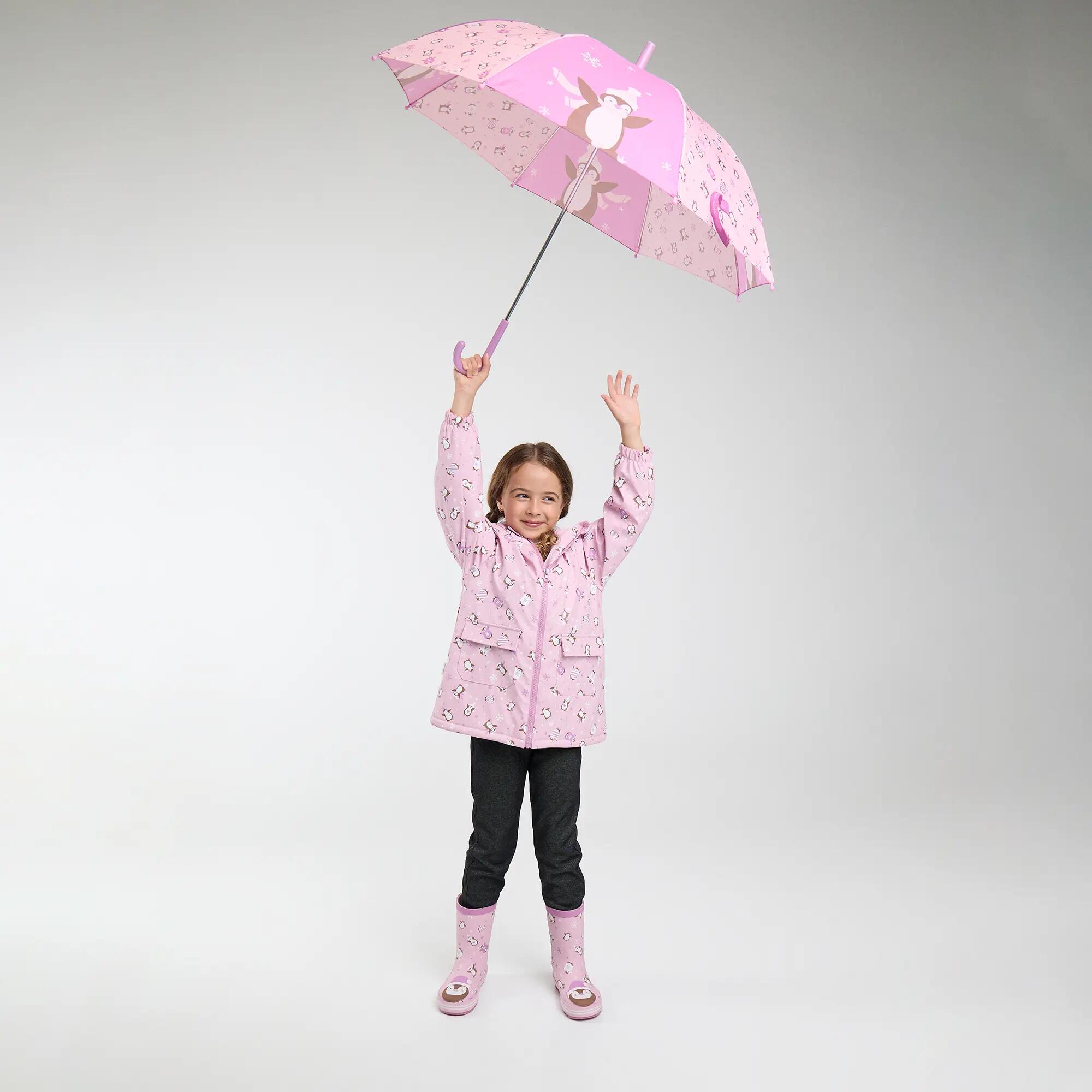 Capa de chuva de menina estampado de pinguins com forro polar 4/6