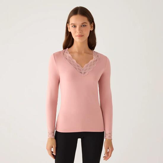 TÉRMICO Camiseta mujer manga larga encaje en escote y puños rosa