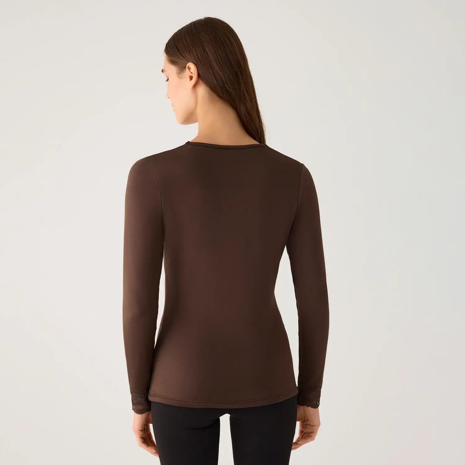 TÉRMICO Camiseta mujer manga larga encaje en escote y puños marrón 2/6