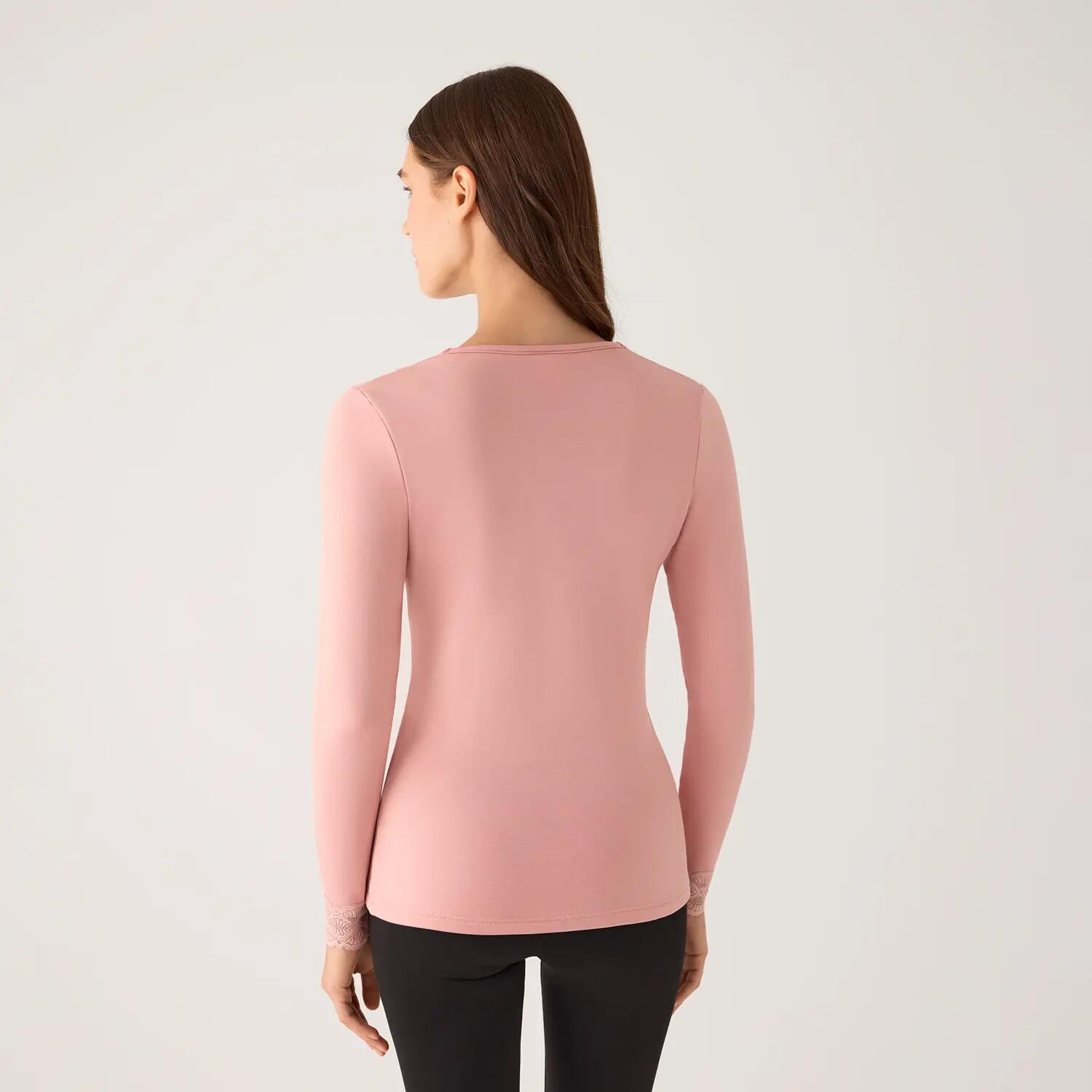 TÉRMICO Camiseta mujer manga larga encaje en escote y puños rosa 2/6