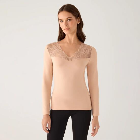 TÉRMICO Camiseta mujer manga larga escote V con encaje nude