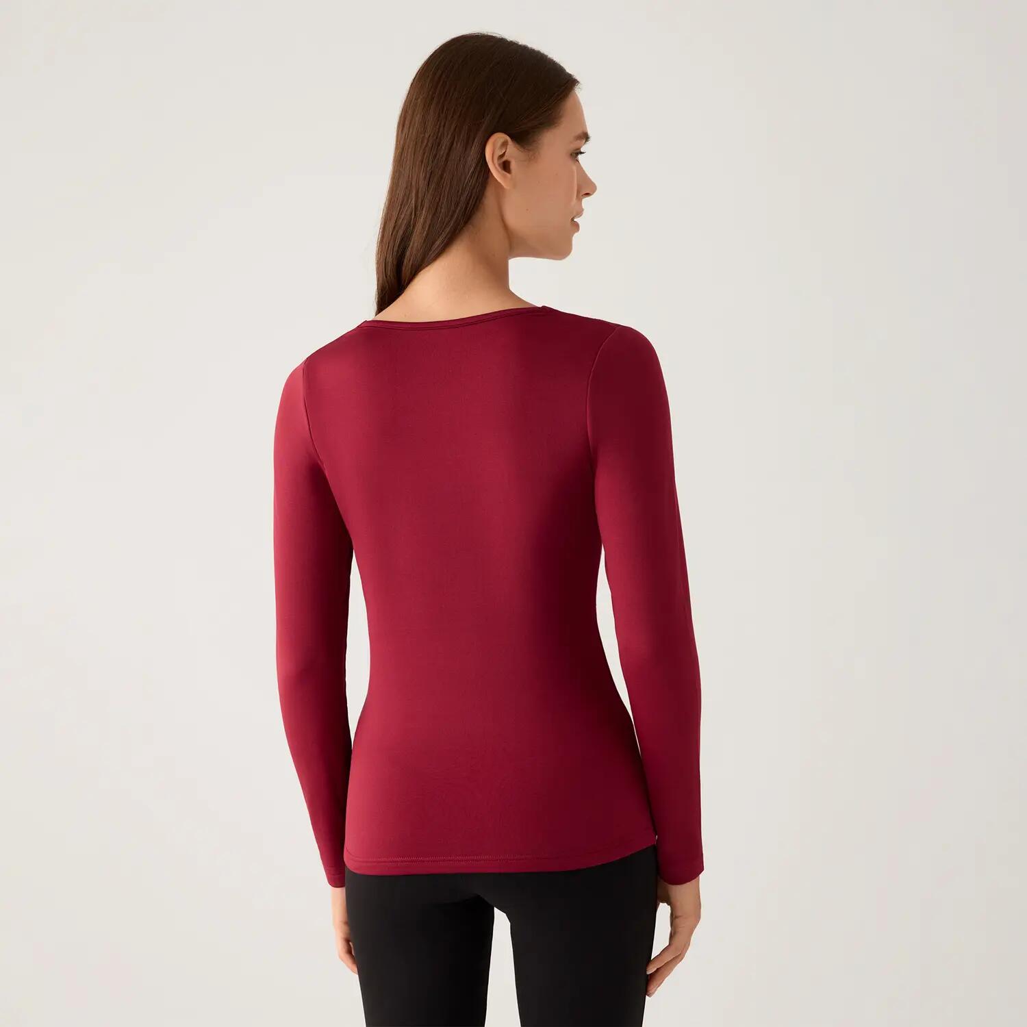 TÉRMICO Camiseta mujer manga larga escote V con encaje granate 2/6